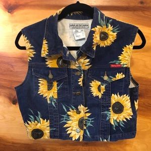Vintage Denim Vest with Sunflowers- button up